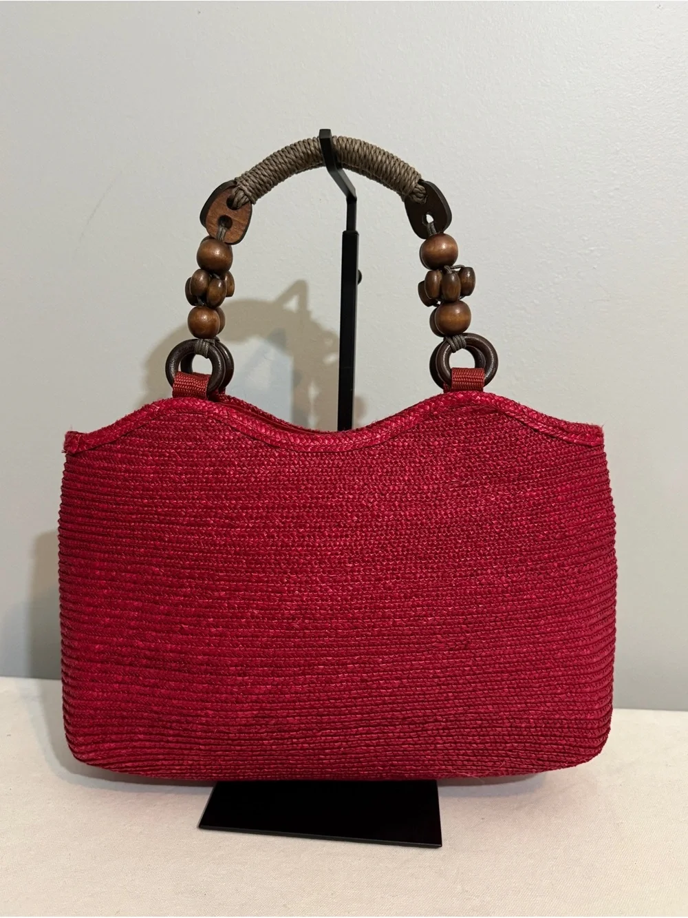 Vintage Red Woven Rattan Tote Bag Wood Beaded Handle Top Handle Boho Retro Purse